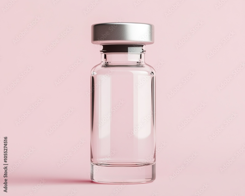 A clear glass bottle with a metallic cap, set against a soft pink background, ideal for showcasing products or branding. A clear glass bottle with a metallic cap, set against a soft pink background, ideal for showcasing products or branding.