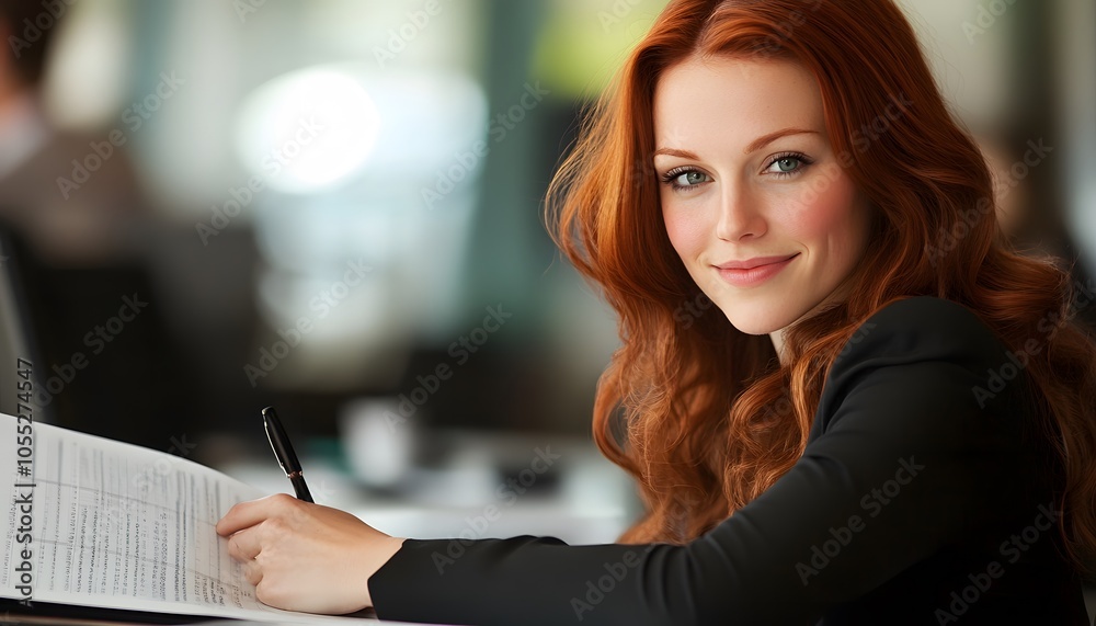 Red-Haired Woman Smiling While Signing a Document Red-Haired Woman Smiling While Signing a Document