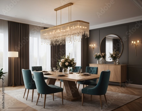 a high-quality 3D render of an elegant dining area, emphasizing sophistication and comfort. Incorporate a stylish dining table, comfortable chairs, and a statement chandelier.