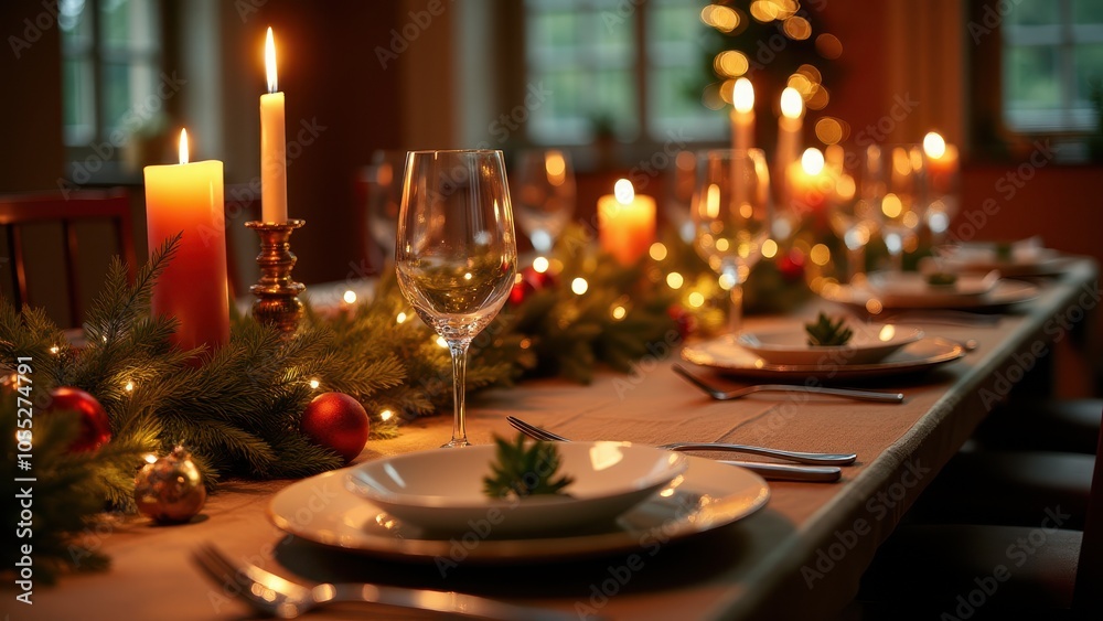 Festive dining table with elegant glassware, white plates, and lit candles. Holiday decor includes red berries and greenery, creating a cozy ambiance.