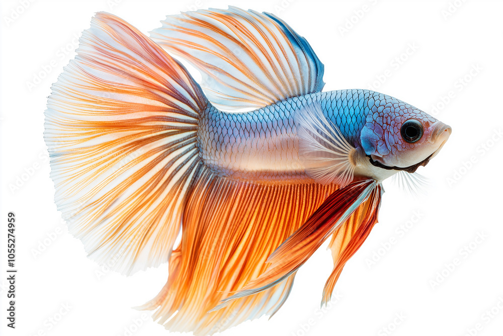 Fototapeta premium Beautiful, colorful betta fish on a white background, with dynamic movement and composition, in the style of hyper-realistic photography.