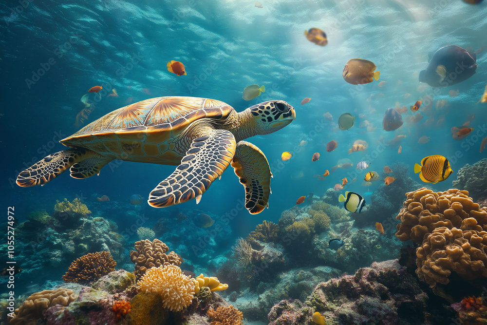 Obraz premium A sea turtle glides gracefully above the vibrant coral reef, surrounded by colorful fish and marine life