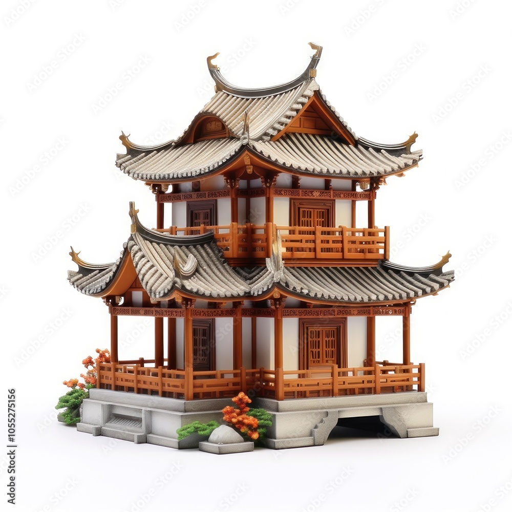 A model of an Asian pagoda. Miniature building isolated on white background. Historical architecture. A model of an Asian pagoda. Miniature building isolated on white background. Historical architecture.