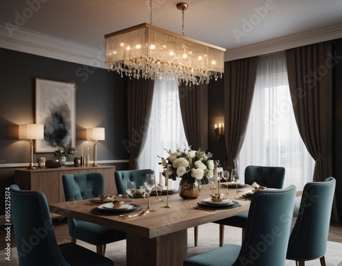 a high-quality 3D render of an elegant dining area, emphasizing sophistication and comfort. Incorporate a stylish dining table, comfortable chairs, and a statement chandelier.