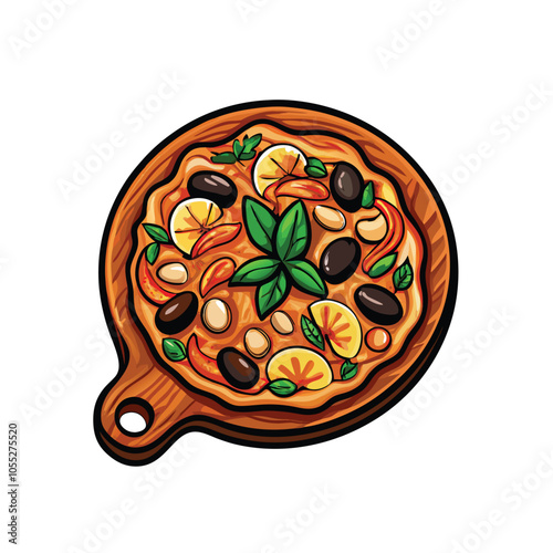 Create a realistic vector illustration of a delicious seafood pizza with juicy shrimp, fresh toppings, and a crispy crust.