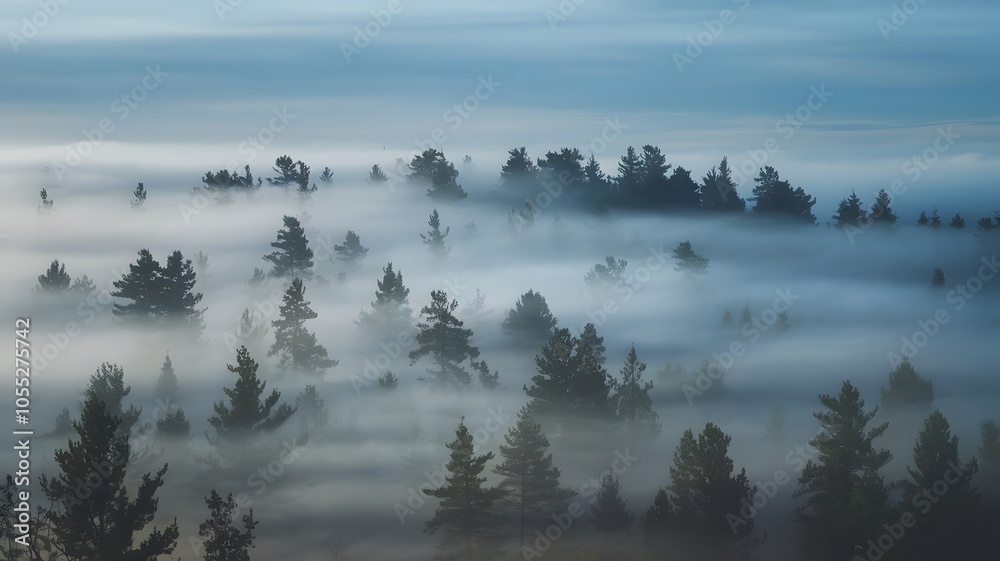 Fototapeta premium dense fog pine forest early morning trees mist eerie dreamlike atmosphere landscape