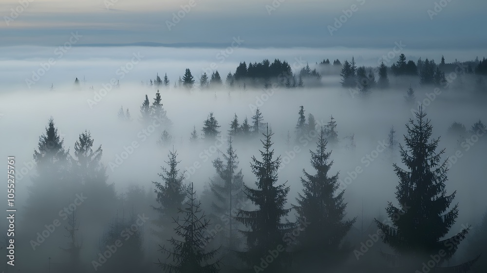 dense fog pine forest early morning trees mist eerie dreamlike atmosphere landscape dense fog pine forest early morning trees mist eerie dreamlike atmosphere landscape
