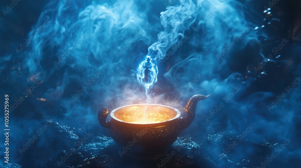 A genie appears from a glowing lamp, surrounded by mystical smoke, evoking the magical fulfillment of a wish. A genie appears from a glowing lamp, surrounded by mystical smoke, evoking the magical fulfillment of a wish.