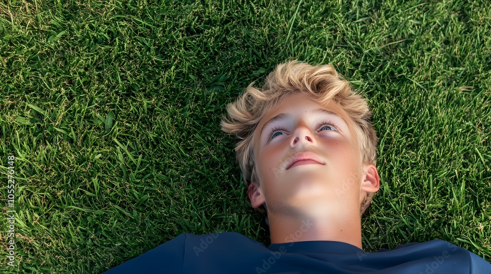 boy with sandy blonde hair and blue eyes laying in the grass looking up at the sky, Generative AI boy with sandy blonde hair and blue eyes laying in the grass looking up at the sky, Generative AI
