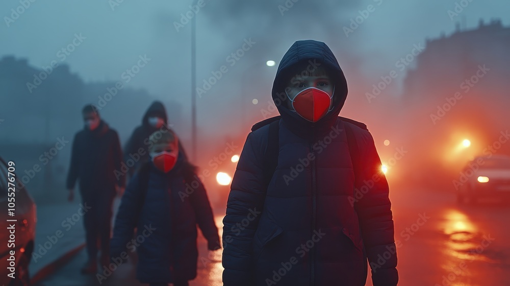 People walking in the fog, wearing masks; urban environment with ominous lighting. People walking in the fog, wearing masks; urban environment with ominous lighting.