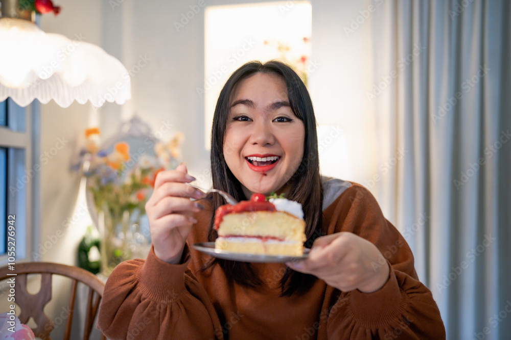 Beautiful Asian woman eating tasty cake. Teen girl eating the cake. Beautiful Asian woman eating tasty cake. Teen girl eating the cake.