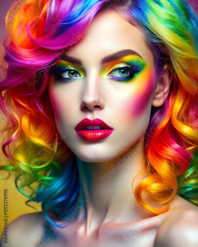 portrait of a girl with bright and colorful makeup and bright colorful hair