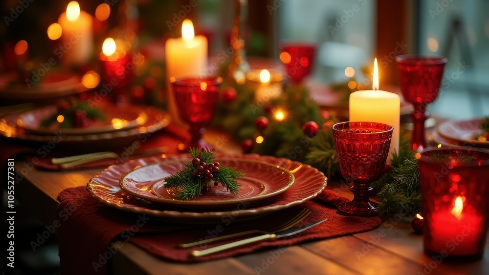 Festive table set with elegant red napkins, greenery, and candles. Plates and cutlery arranged meticulously, creating a warm holiday ambiance. Festive table set with elegant red napkins, greenery, and candles. Plates and cutlery arranged meticulously, creating a warm holiday ambiance.