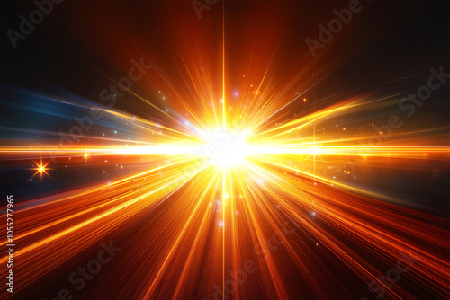 Abstract Bright Sunset background, with Gold lens flare effects, with dynamic divergent lines, radiating from a central point, on a dark background, for overlay or screen filter	