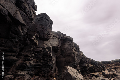 scenery view of volcano stones under cloudy sky in Guincho Volcano in Yaiza, Lanzarote at Canary Islands, Spain, concept of wild nature and geology photo