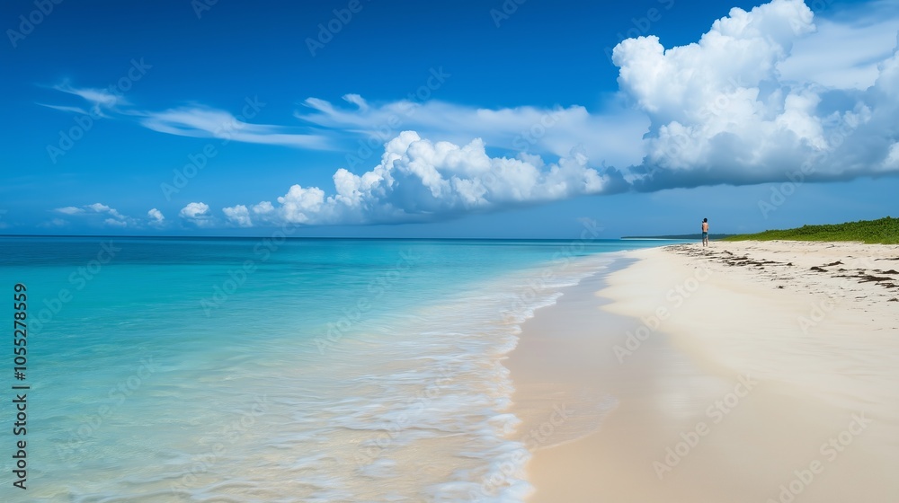 Idyllic beach scene featuring clear blue waters, white sand, and a person walking under a sky filled with fluffy clouds. Idyllic beach scene featuring clear blue waters, white sand, and a person walking under a sky filled with fluffy clouds.