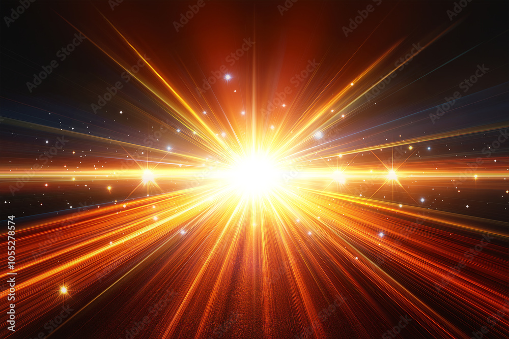 Obraz premium Abstract Bright Sunset background, with Gold lens flare effects, with dynamic divergent lines, radiating from a central point, on a dark background, for overlay or screen filter 