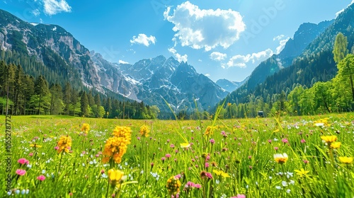 Fototapeta Naklejka Na Ścianę i Meble -  Idyllic mountain landscape with blooming meadows in summer springtime