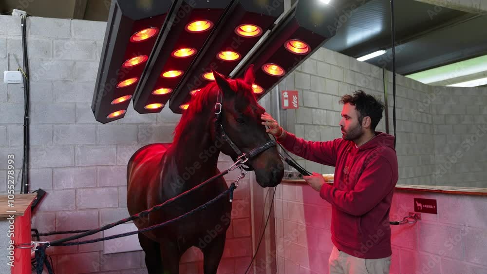 A horse stands with a man during a rehabilitation session under red infrared lamps, focusing on the animal's back. A horse stands with a man during a rehabilitation session under red infrared lamps, focusing on the animal's back.