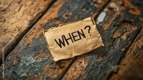 A tattered piece of paper with 'WHEN?' written on it lies atop a rustic, weathered wooden surface, invoking curiosity and introspection in the viewer. photo