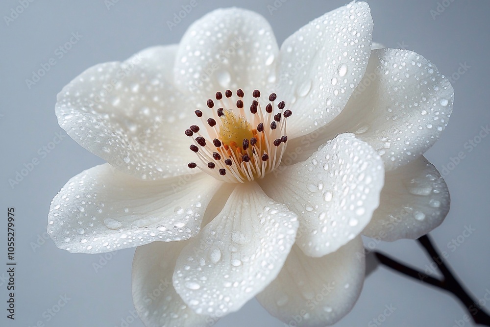 Fototapeta premium A flower with dew drops on its petals on a snow-white background, creating a minimalist look.