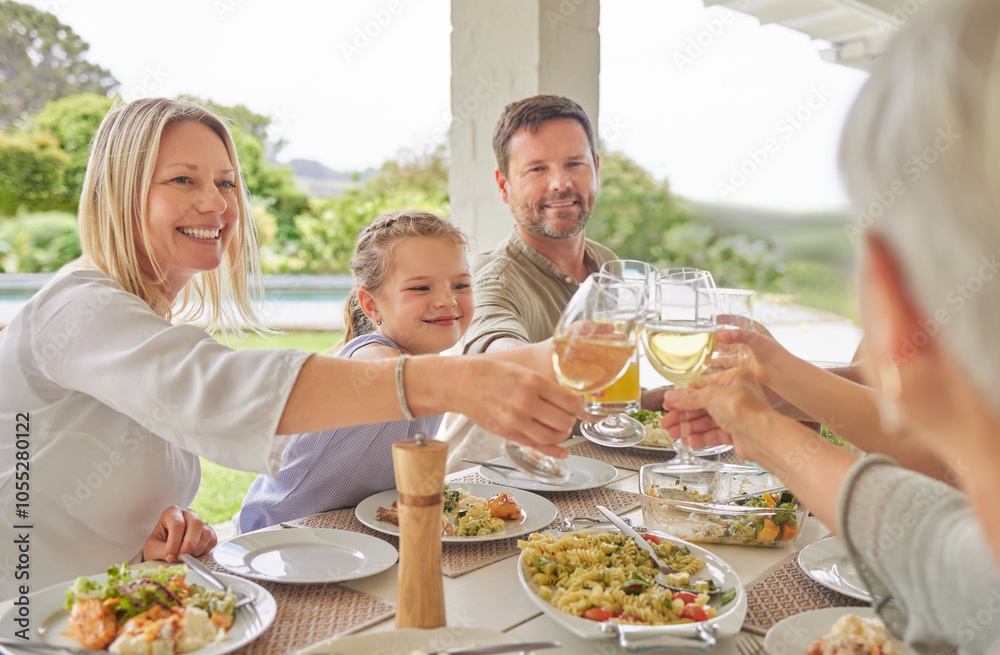 Happy family, lunch and toast with wine glass in home patio outdoor to celebrate thanksgiving. Parents, grandparents and kids cheers with drinks, food and generations at social gathering on holiday Happy family, lunch and toast with wine glass in home patio outdoor to celebrate thanksgiving. Parents, grandparents and kids cheers with drinks, food and generations at social gathering on holiday