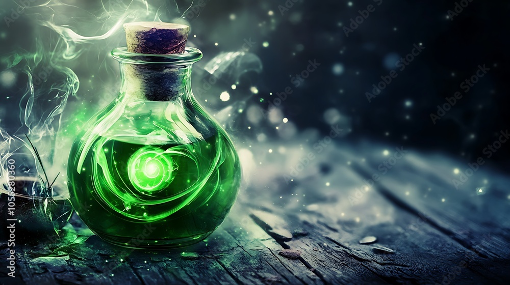 This stock photo features a mesmerizing green potion captured in a glass flask, with mystical swirls dancing through the liquid