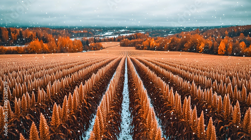 Autumnal Field with Snowfall, winter, harvest, harvest season, golden field, orange field