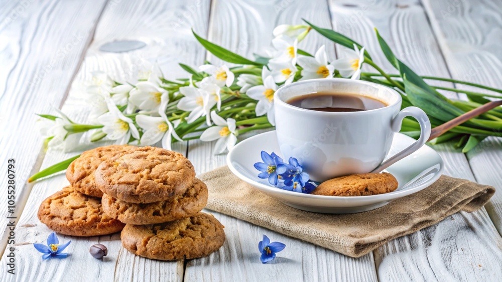 A cup of coffee with oatmeal cookies on a wooden table with flowers. A cup of coffee with oatmeal cookies on a wooden table with flowers.