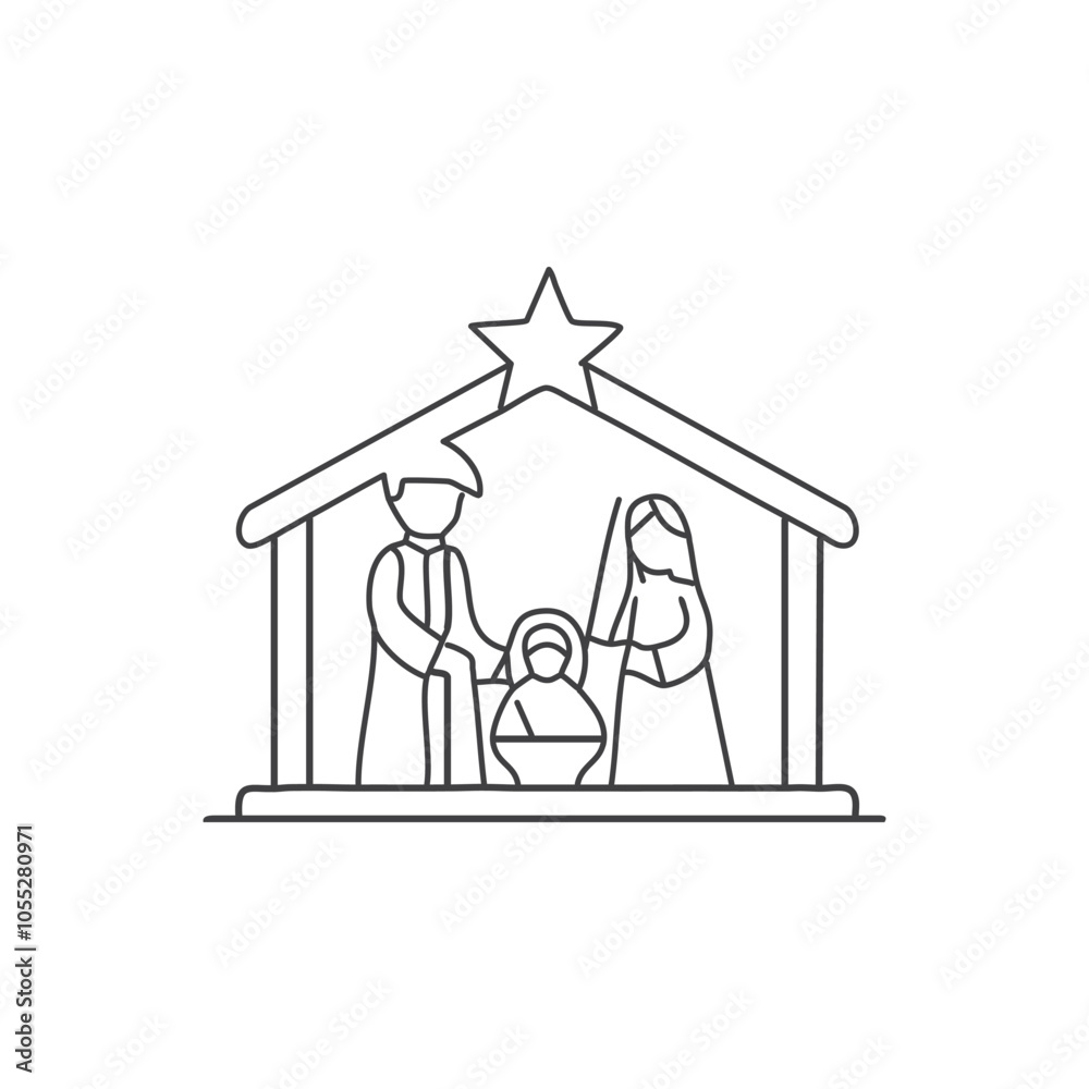 A simple, serene vector of baby Jesus in a manger, surrounded by Mary, Joseph A simple, serene vector of baby Jesus in a manger, surrounded by Mary, Joseph