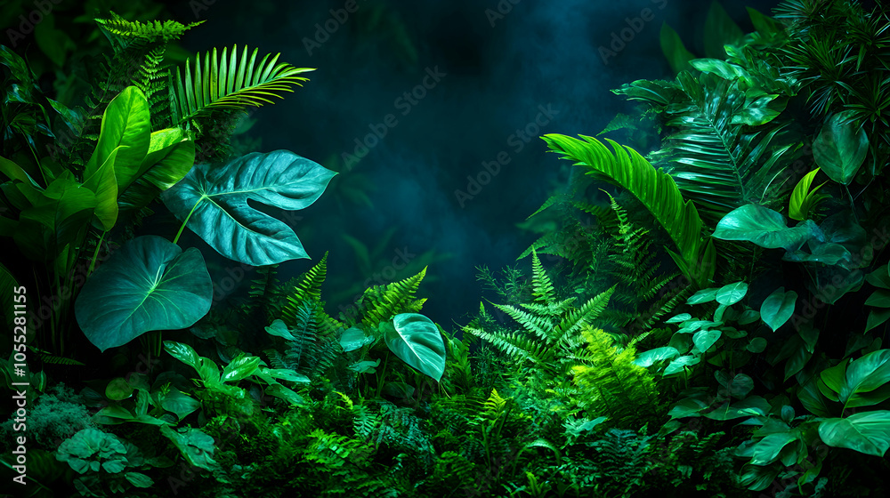 Lush Green Tropical Foliage with Smoke and Copy Space, jungle ...