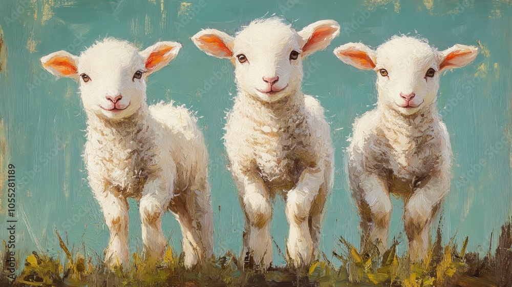 Obraz premium Three White Lambs Standing in a Field with a Blue Sky