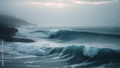 A stunning close-up of a powerful ocean wave, captured in rich shades of blue. The dynamic motion of the water showcases nature's beauty and strength