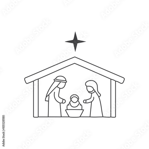A simple, serene vector of baby Jesus in a manger, surrounded by Mary, Joseph
