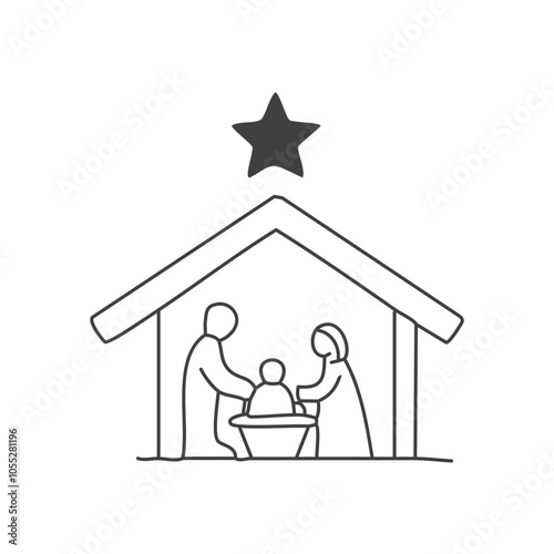 A simple, serene vector of baby Jesus in a manger, surrounded by Mary, Joseph