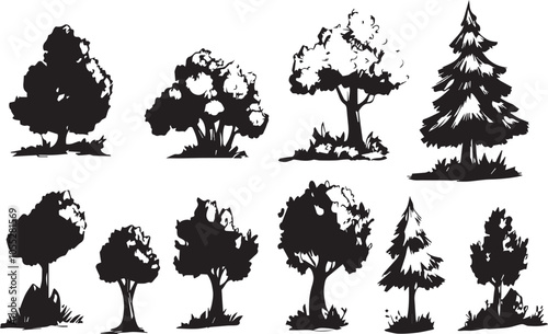 Set Trees. Hand drawn vector illustration	