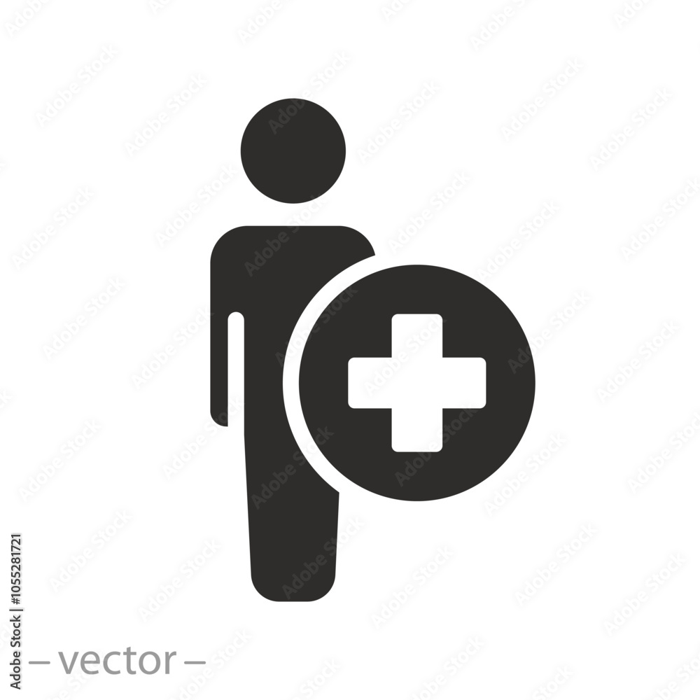 first aid, human with cross, patient icon, medical help or care, flat vector illustration