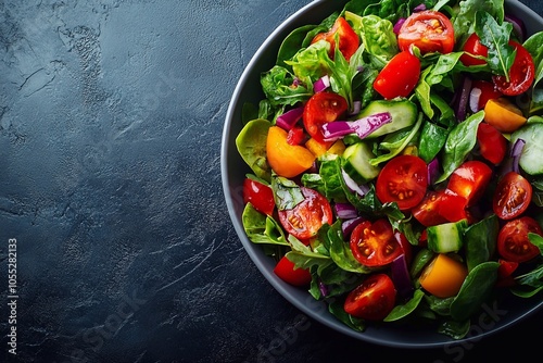  Close-up of fresh salad with colorful vegetables, leaving space for text below.