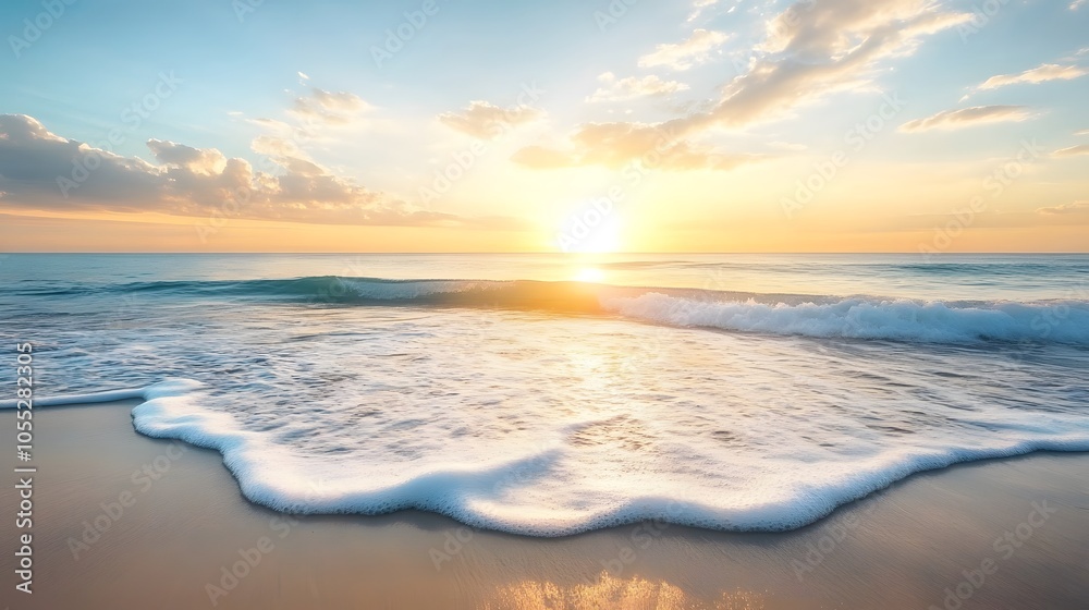 Fototapeta premium A beach with gentle waves rolling in as the sun rises over the horizon