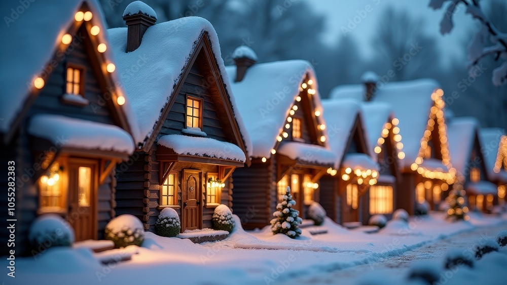 Snow-covered cabins glow warmly with festive string lights on a winter evening, surrounded by glittering trees and a blanket of fresh snow. Snow-covered cabins glow warmly with festive string lights on a winter evening, surrounded by glittering trees and a blanket of fresh snow.