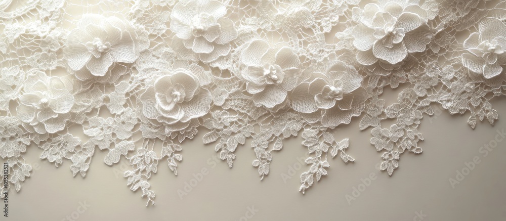 White floral lace fabric with a textured and raised pattern. White floral lace fabric with a textured and raised pattern.