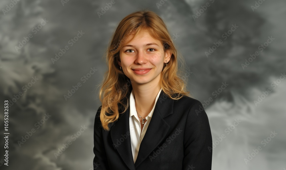 Young woman in formal attire poses professionally against a textured backdrop in a studio setting Young woman in formal attire poses professionally against a textured backdrop in a studio setting