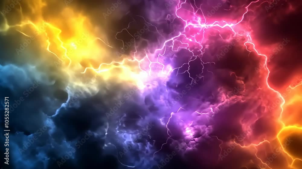 Purple and yellow lightning streaks through a dark sky Purple and yellow lightning streaks through a dark sky