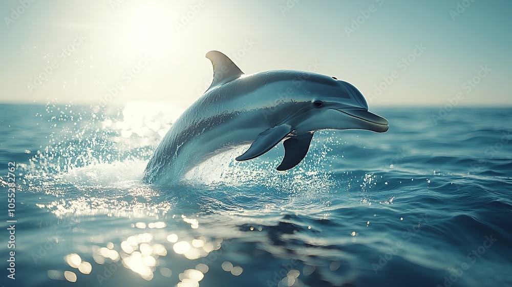 Fototapeta premium A dolphin leaps out of the water, its body backlit by the setting sun.