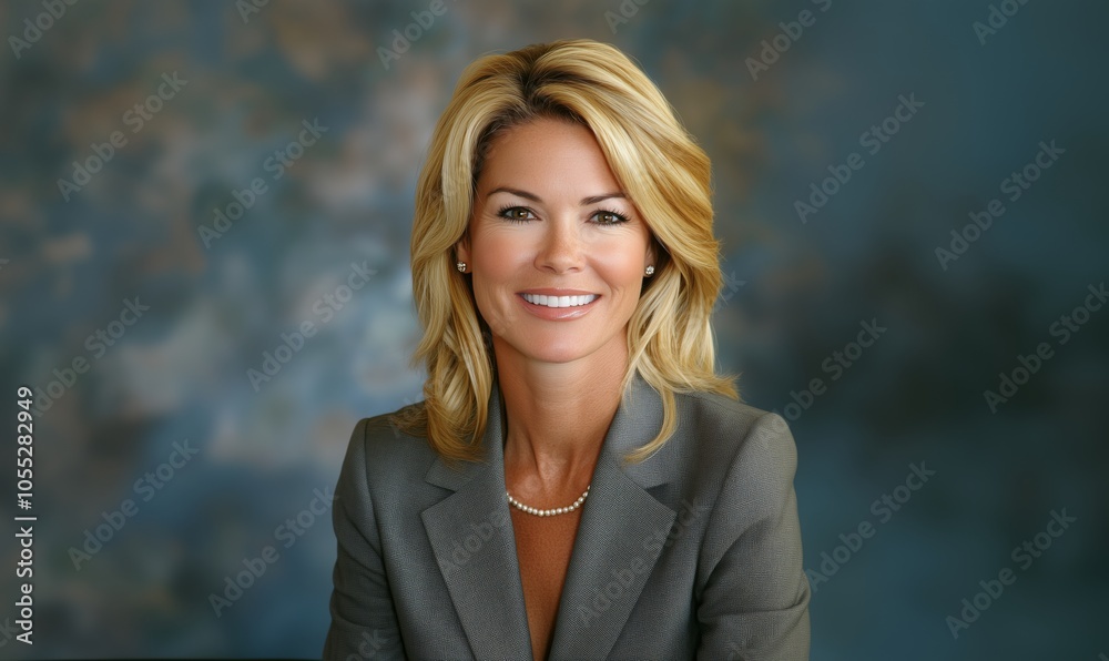Business professional with blonde hair and a confident smile poses in front of a softly lit background during a corporate event