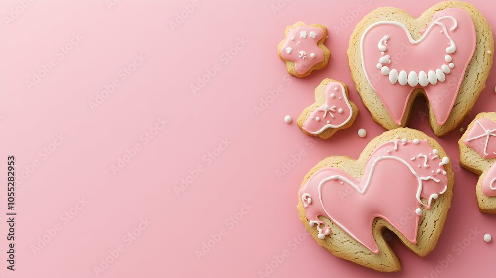 Pink Sugar Cookies with Tooth Design on Pink Background, dental, dentist, oral hygiene, tooth fairy, sweet Pink Sugar Cookies with Tooth Design on Pink Background, dental, dentist, oral hygiene, tooth fairy, sweet