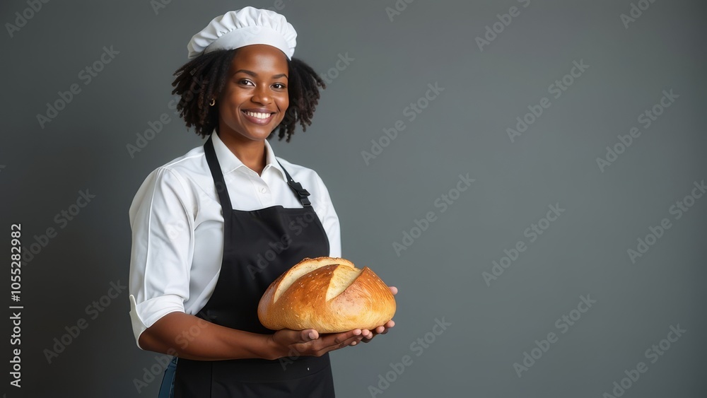 Smiling baker holding freshly baked artisan bread against grey background Smiling baker holding freshly baked artisan bread against grey background