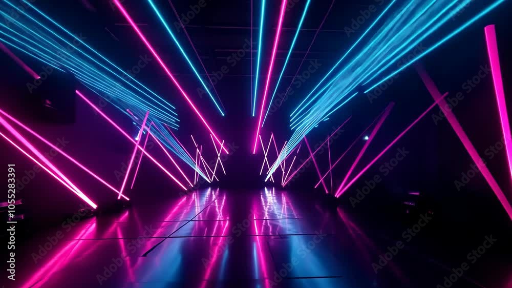 Pink and blue laser lights create a mesmerizing display in a dark room