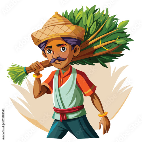 Indian Man Holding Grass Bundle on Shoulder - Traditional Farming and Labor Scene