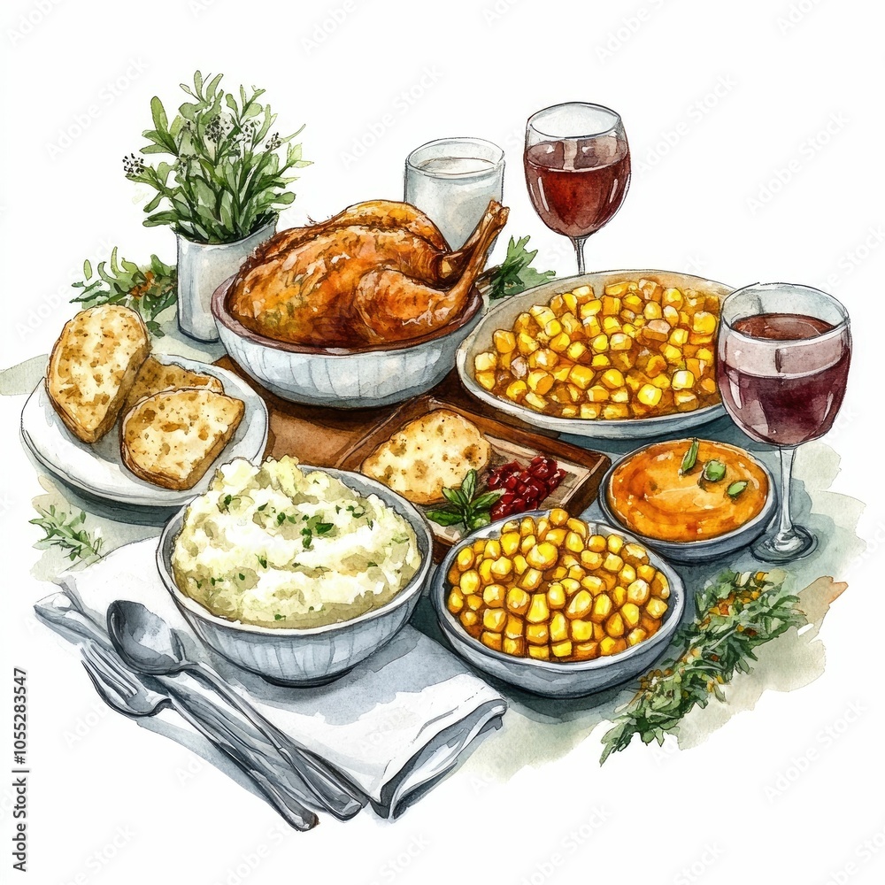Watercolor of a bountiful Thanksgiving feast featuring a table setting with roasted turkey stuffing mashed potatoes corn and other traditional holiday dishes Watercolor of a bountiful Thanksgiving feast featuring a table setting with roasted turkey stuffing mashed potatoes corn and other traditional holiday dishes